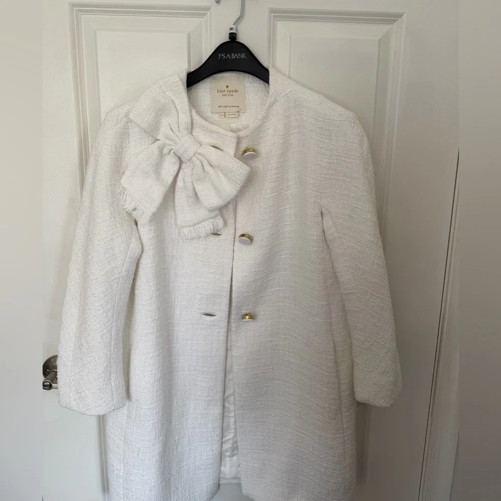 Kate Spade Dorothy Bow-front Tweed Bracelet-sleeve Coat  White Size 6 $548 USD